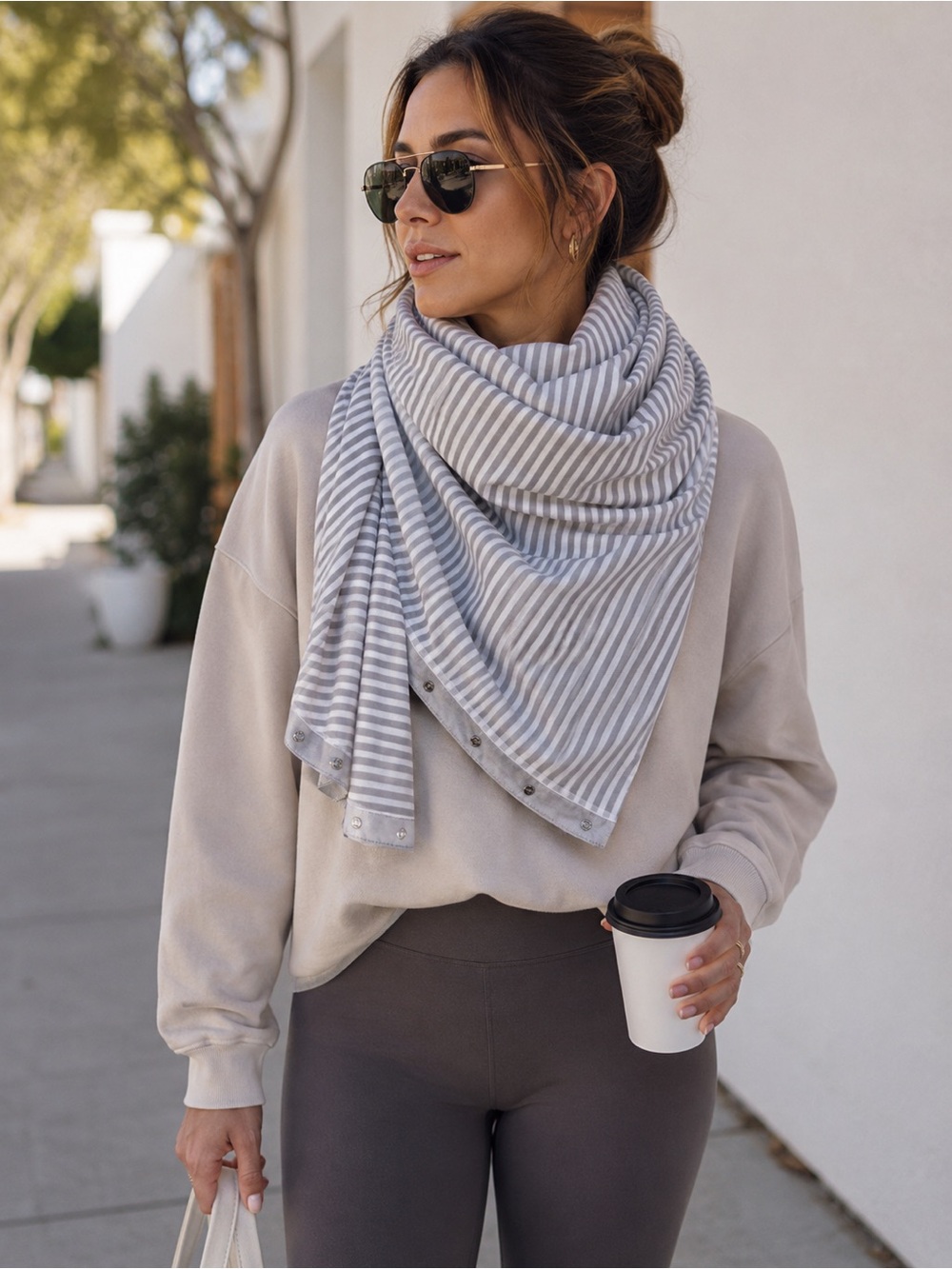 Lululemon Grey White Stripe Vinyasa Scarf Wrap Snap Versatile OS Fall Cozy